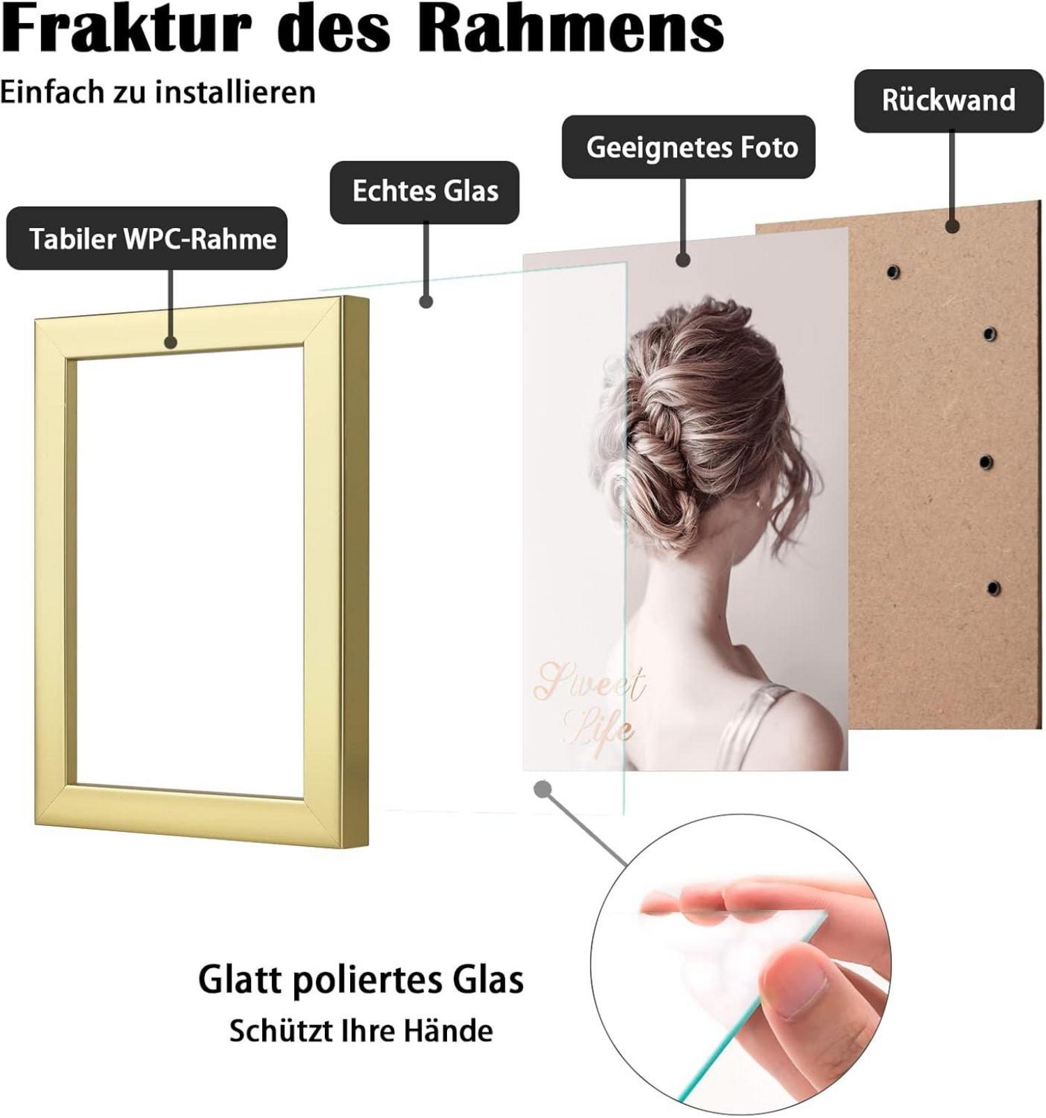 Gold Bilderrahmen 10x15 4er-Set Holz-Verbund Echtglas Wand Tischdekoration