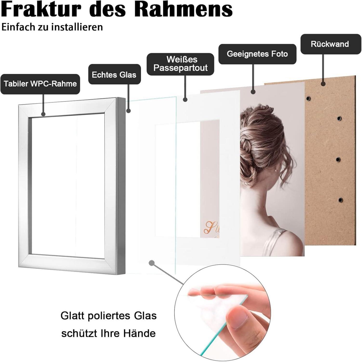Bilderrahmen Set 15x20 cm Holz Acrylglas Passepartout 4er Silber
