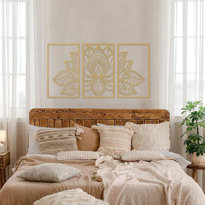 Großes Lotus-Blume-Metall-Wanddeko 3-teiliges Set Schwarz Gold