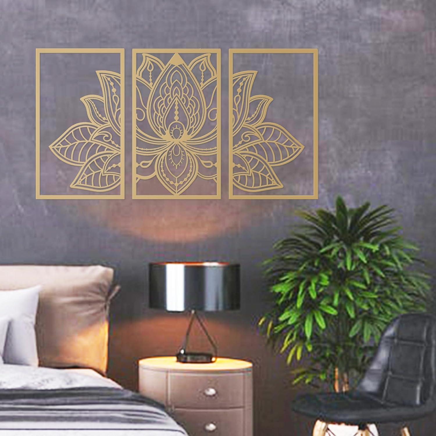 Großes Lotus Mandala Metall Wanddeko 3-teiliges Set für Wohnzimmer