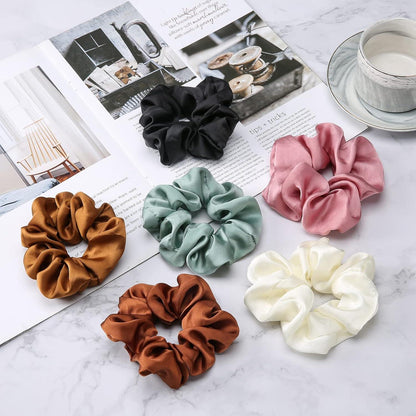 6er Set Seidige Satin Haargummis Scrunchies für Damen Mädchen - Braun Schokolade