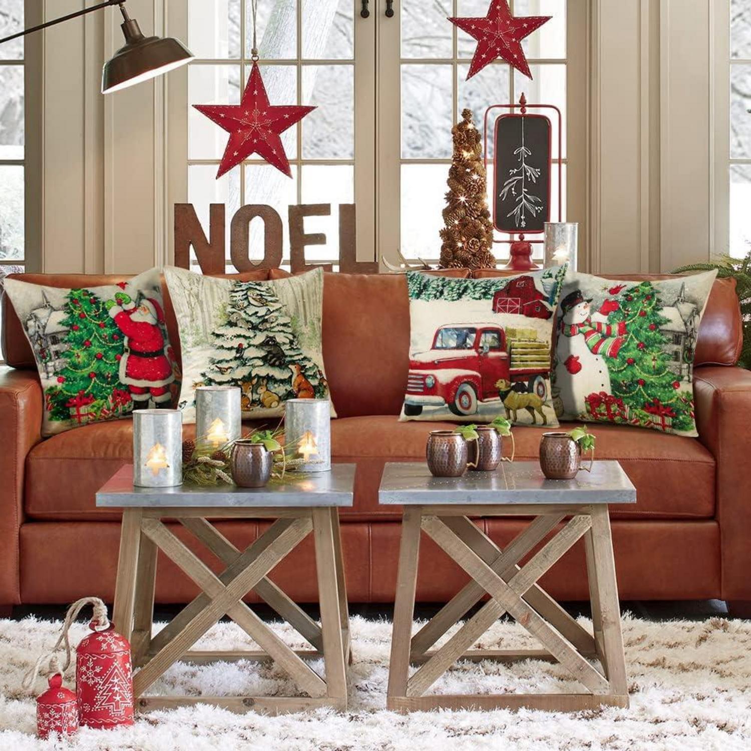 Weihnachten Kissenbezüge Set Leinen Deko Sofa Couch 40x40 cm