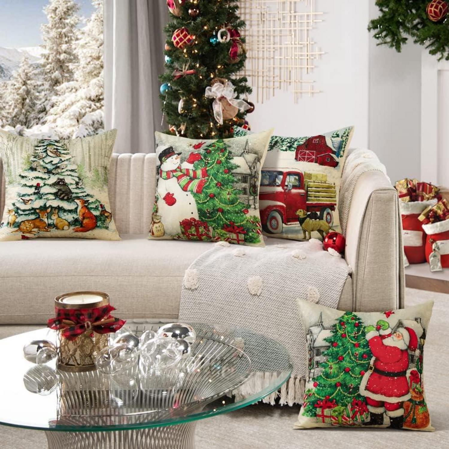 4er Set Weihnachten Kissenbezüge Leinen Deko für Sofa Wohnzimmer