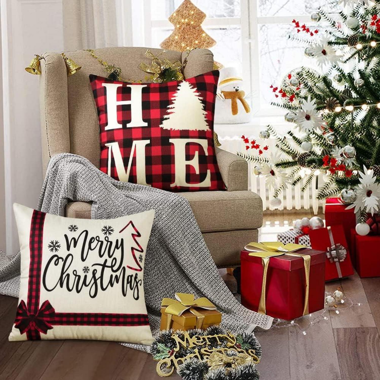 Sungeek Weihnachten Kissenbezüge 4er Set Leinen Deko 45x45 cm Rotes Plaid