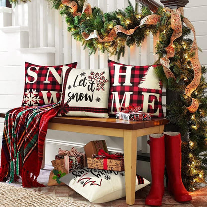 Weihnachten Kissenbezüge Set Leinen Deko Zierkissenbezüge 45x45 cm Rotes Plaid