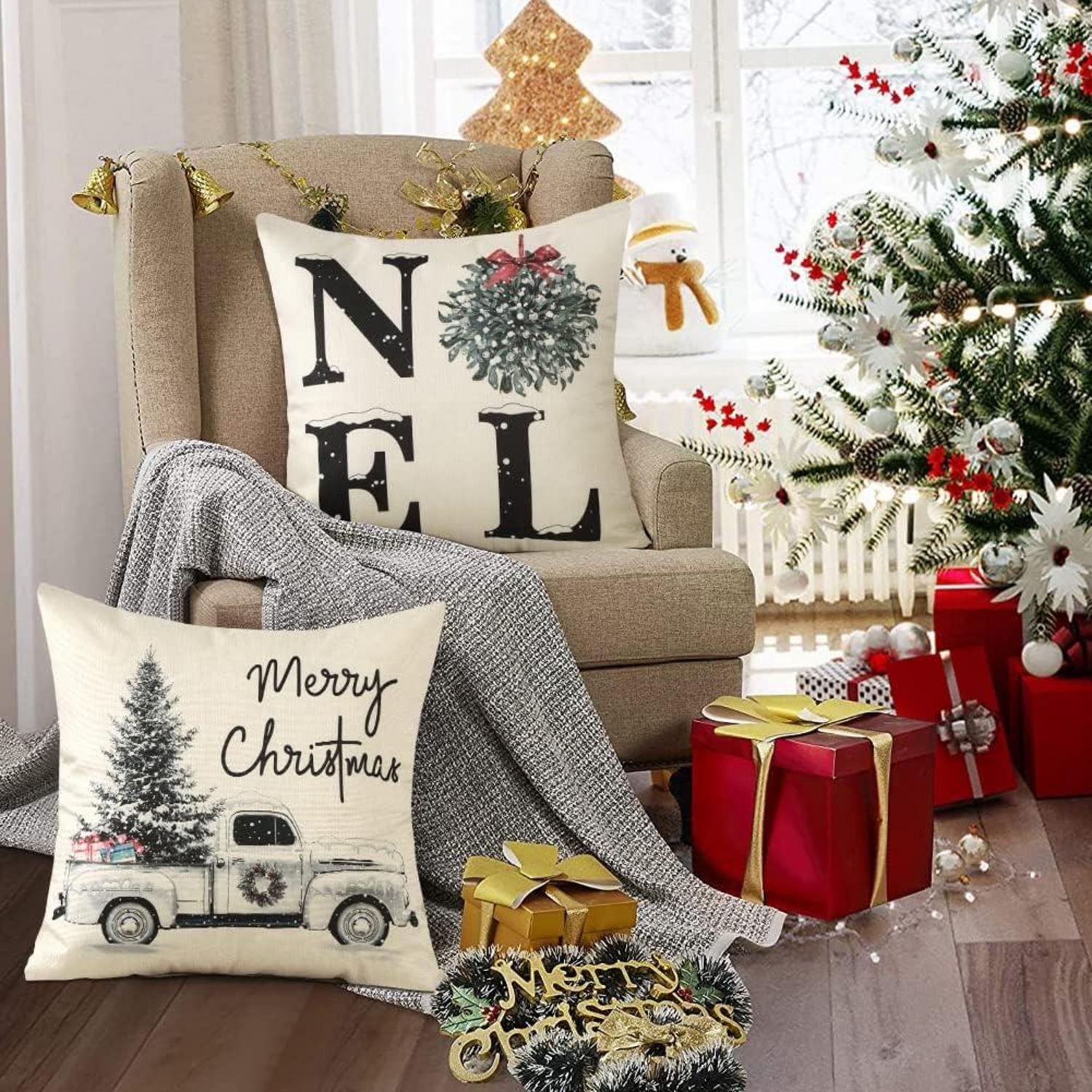 Sungeek Weihnachten Kissenbezüge Set Deko Leinen Sofa Couch 45x45 cm