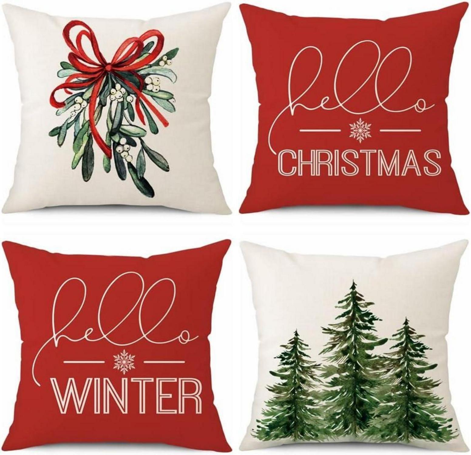 4er Set Weihnachts Kissenbezüge Leinen Deko Sofa Couch 40x40cm