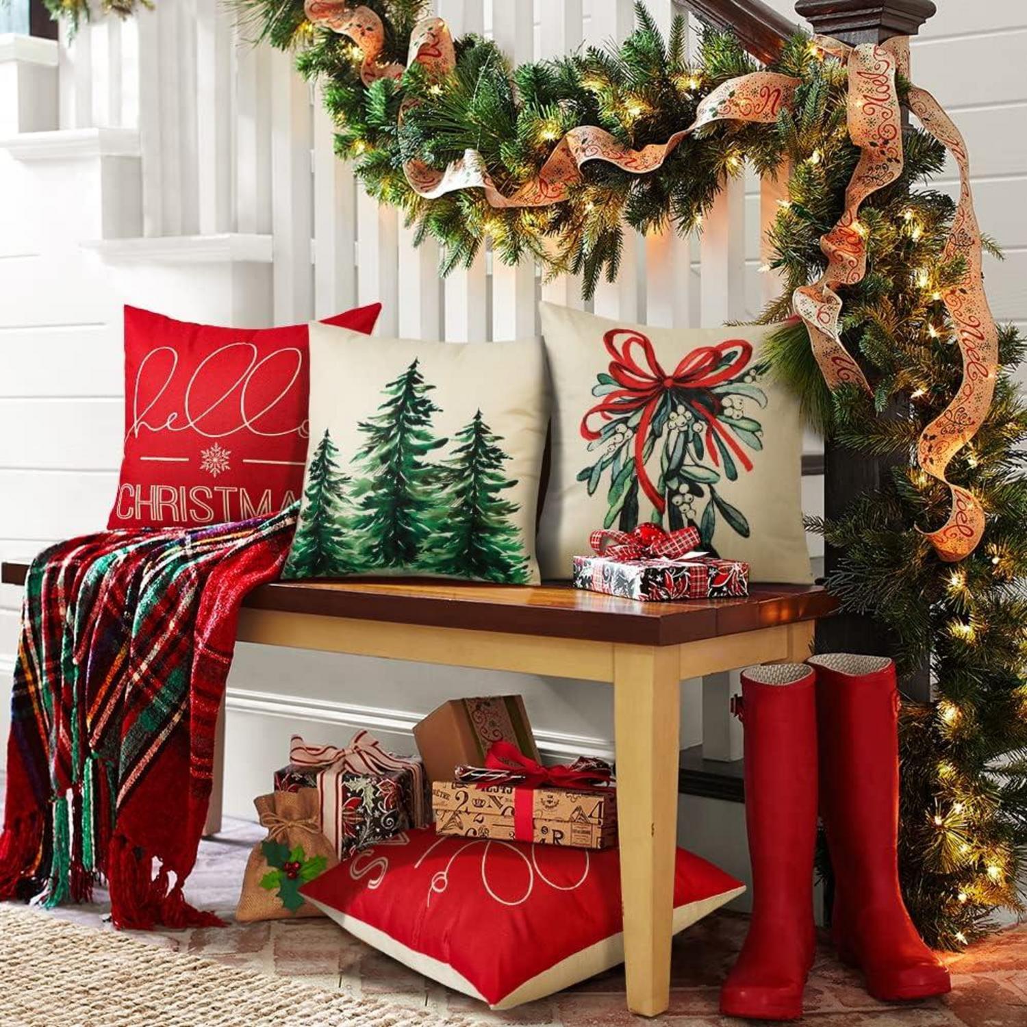 Weihnachten Kissenbezüge 4er Set Leinen Deko Zierkissen 40x40 cm