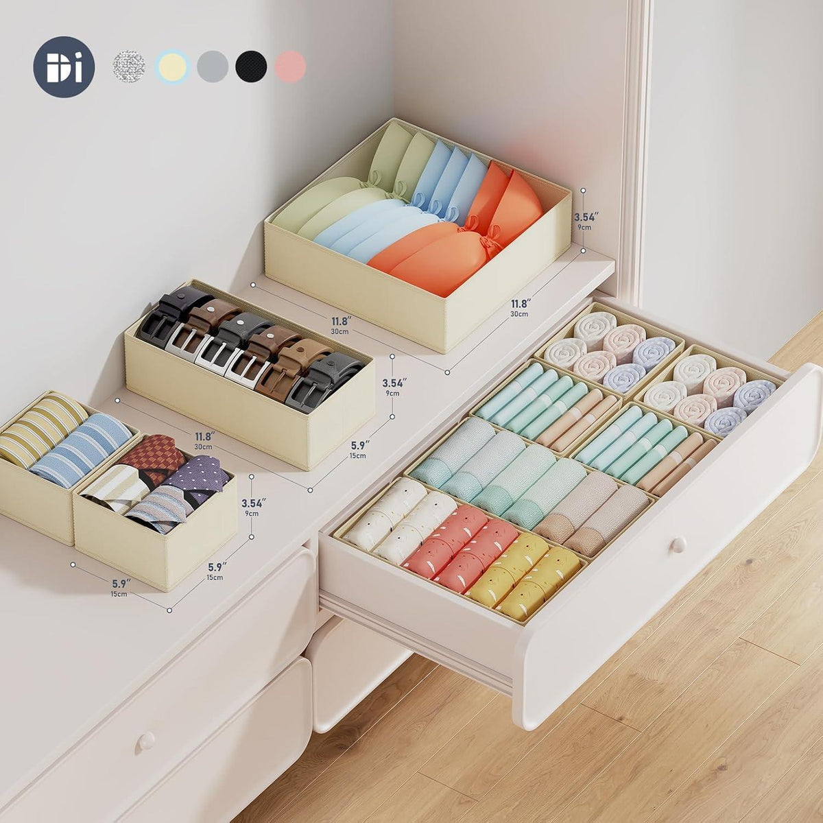 Schubladen Organizer Set 12tlg. Beige, faltbar, Stoff, Kleiderschrank Aufbewahrung