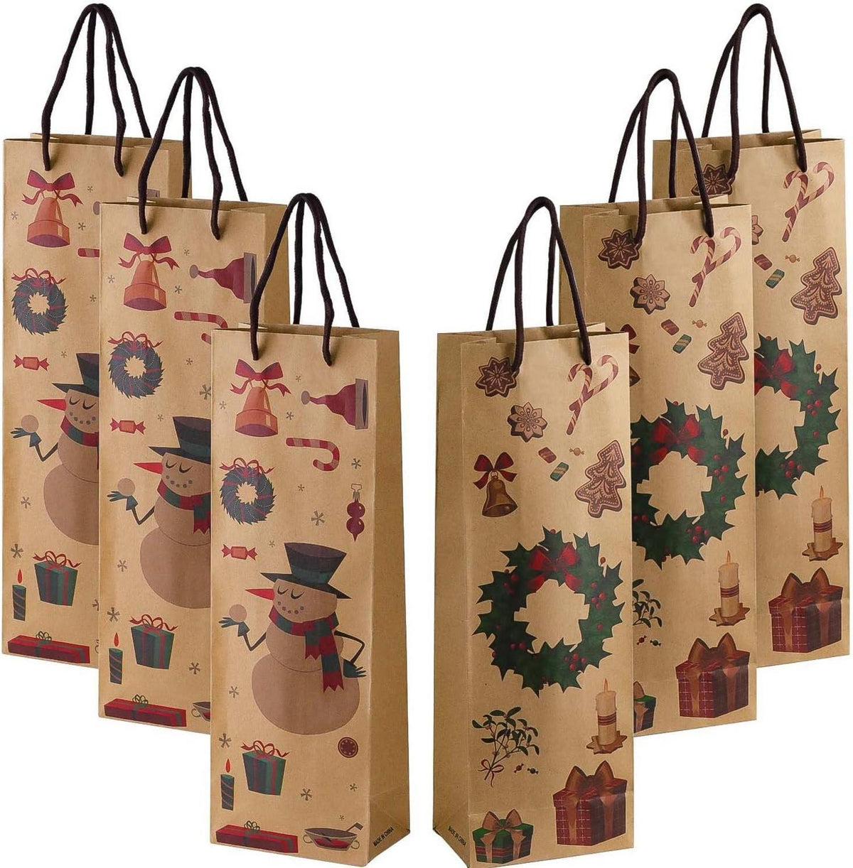 Geschenktüten Weinflaschen Weihnachten 6er Set Kraftpapier