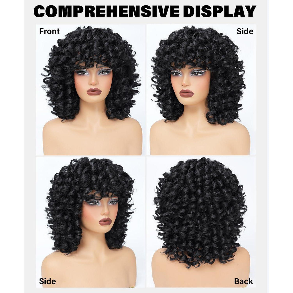 Afro Lockenperücke Damen Synthetisch Kurz mit Pony Schwarz