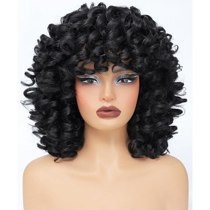 Afro Lockenperücke Damen Synthetisch Kurz mit Pony Schwarz