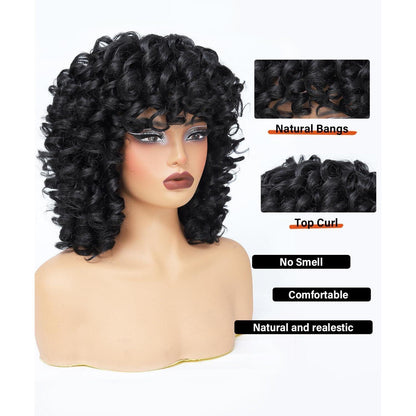Afro Lockenperücke Damen Synthetisch Kurz mit Pony Schwarz