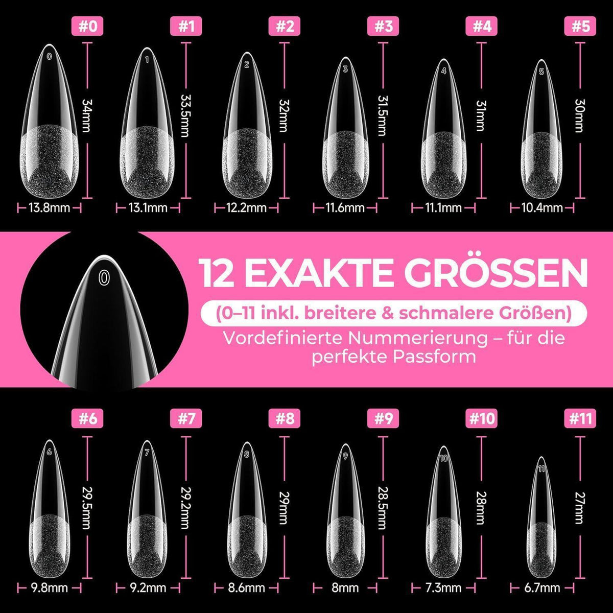 Stiletto Nagelspitzen 216 Stück – 12 Größen für DIY Nageldesign