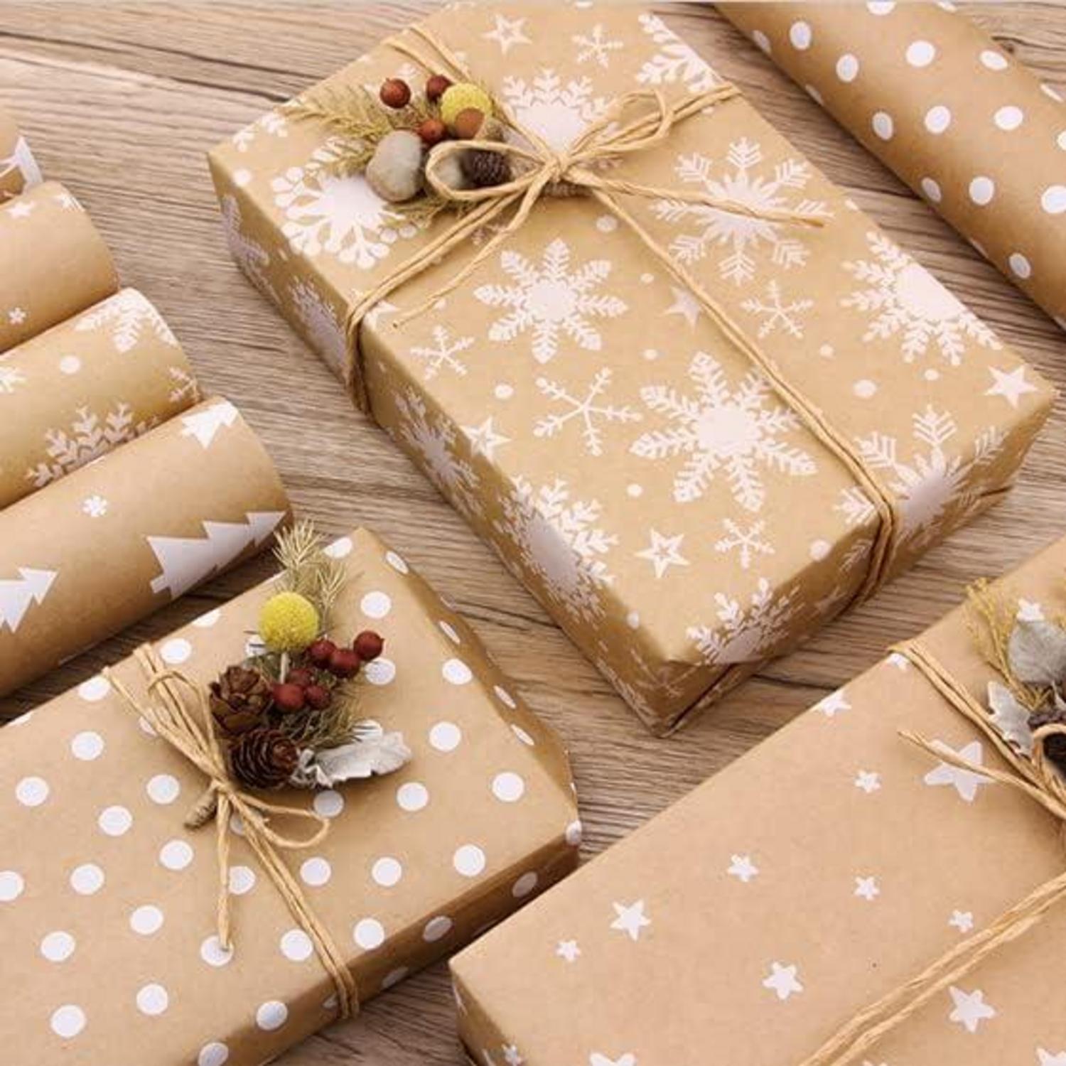Set Geschenkpapier Weihnachten 5er Pack Elche Sterne Nostalgisch 44x300cm Natur Papier