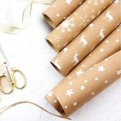 5er Set Weihnachtsgeschenkpapier Elche Sterne Kraftpapier Natur