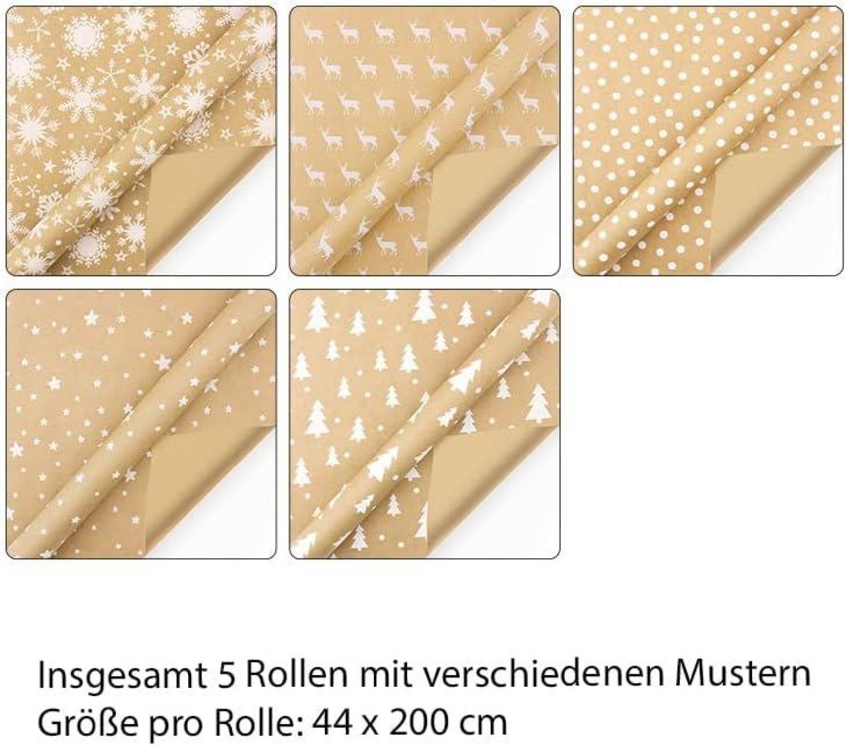 5er Set Weihnachtsgeschenkpapier Elche Sterne Kraftpapier Natur