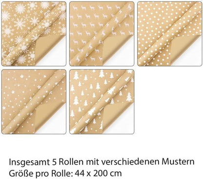 5er Set Weihnachtsgeschenkpapier Elche Sterne Kraftpapier Natur