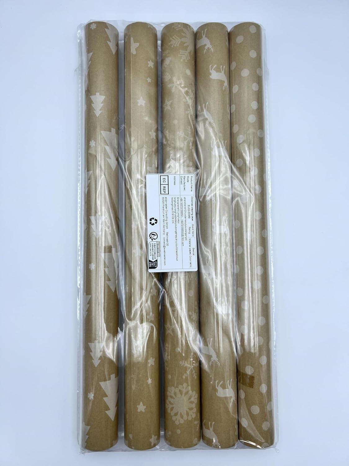 Set Geschenkpapier Weihnachten 5er Pack Elche Sterne Nostalgisch 44x300cm Natur Papier