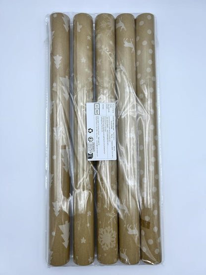 Set Geschenkpapier Weihnachten 5er Pack Elche Sterne Nostalgisch 44x300cm Natur Papier