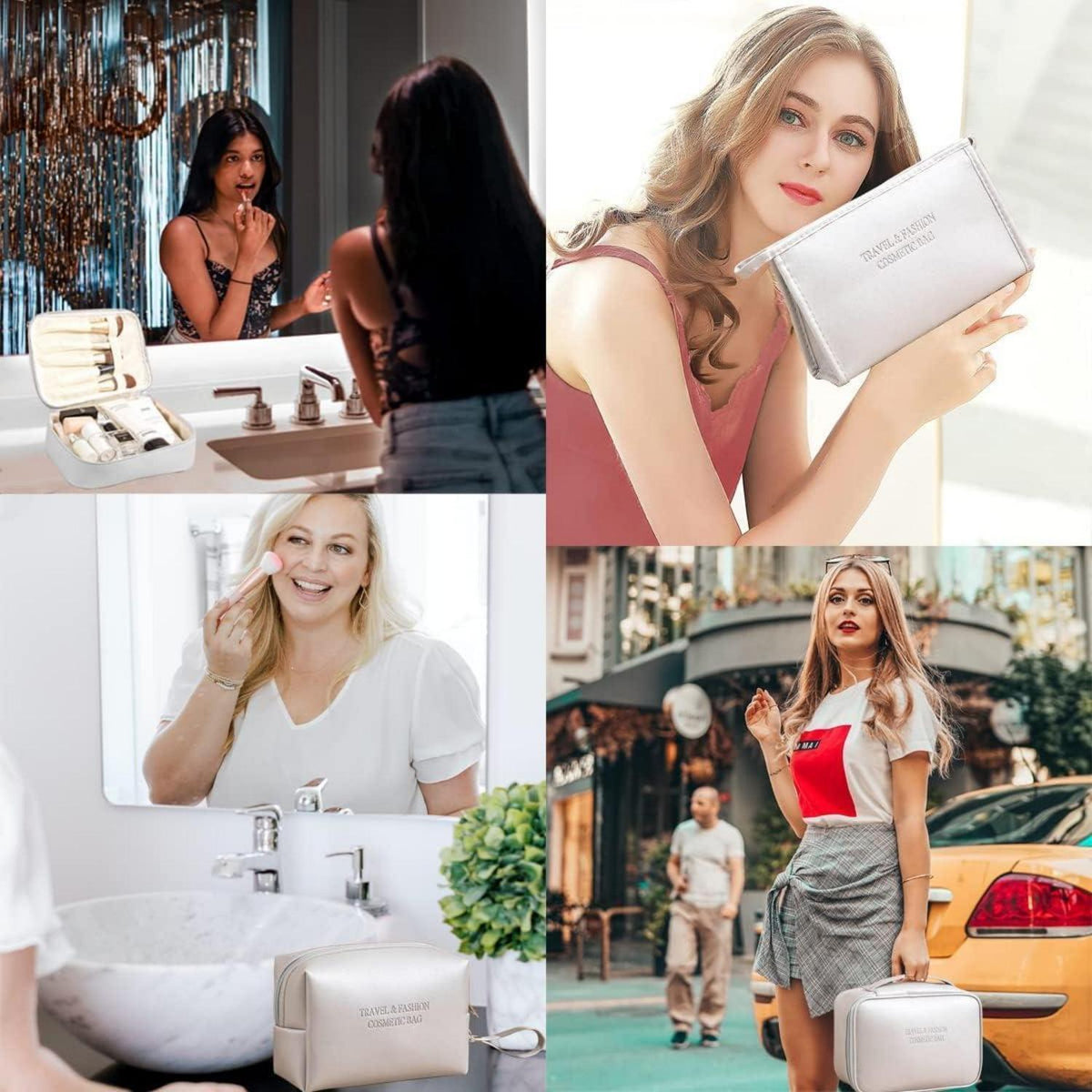 3er Set Kosmetiktaschen Damen PU Wasserdicht Reise Make-up Tasche Kulturbeutel Schwarz Silber