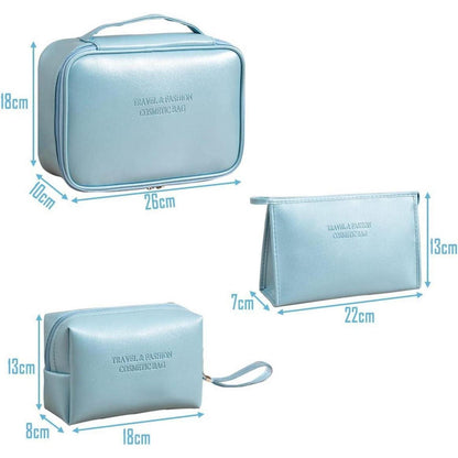 3er Kosmetiktasche Set Blau Wasserdicht PU