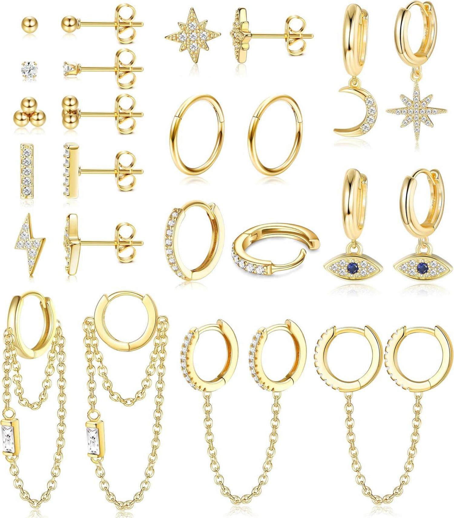 Kleine Damen Edelstahl Ohrringe Set mit Kette & Zirkon, 12Paar