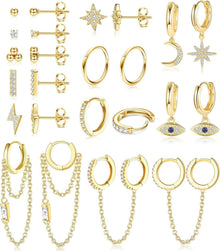 Kleine Damen Edelstahl Ohrringe Set mit Kette & Zirkon, 12Paar