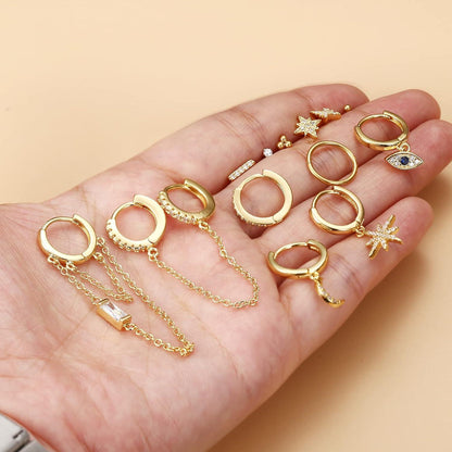 12Paar Kleine Ohrstecker Damen Set Edelstahl Mini Creolen Anhänger Kette Zirkon