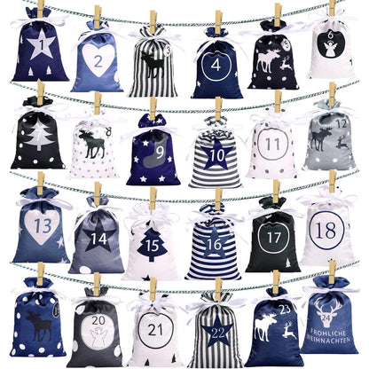 Adventskalender zum selber Basteln mit 24 Stoffbeuteln Blau