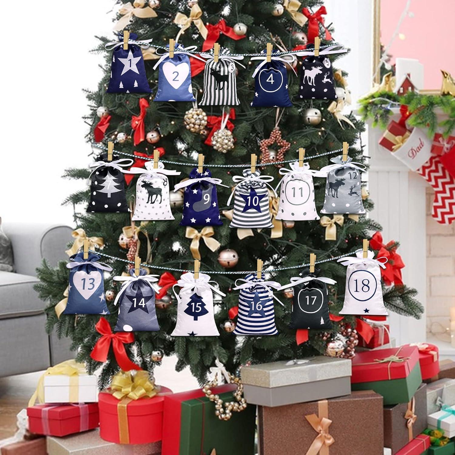 Adventskalender Stoffbeutel Befüllen Weihnachtskalender 24 Säckchen Blau Grau