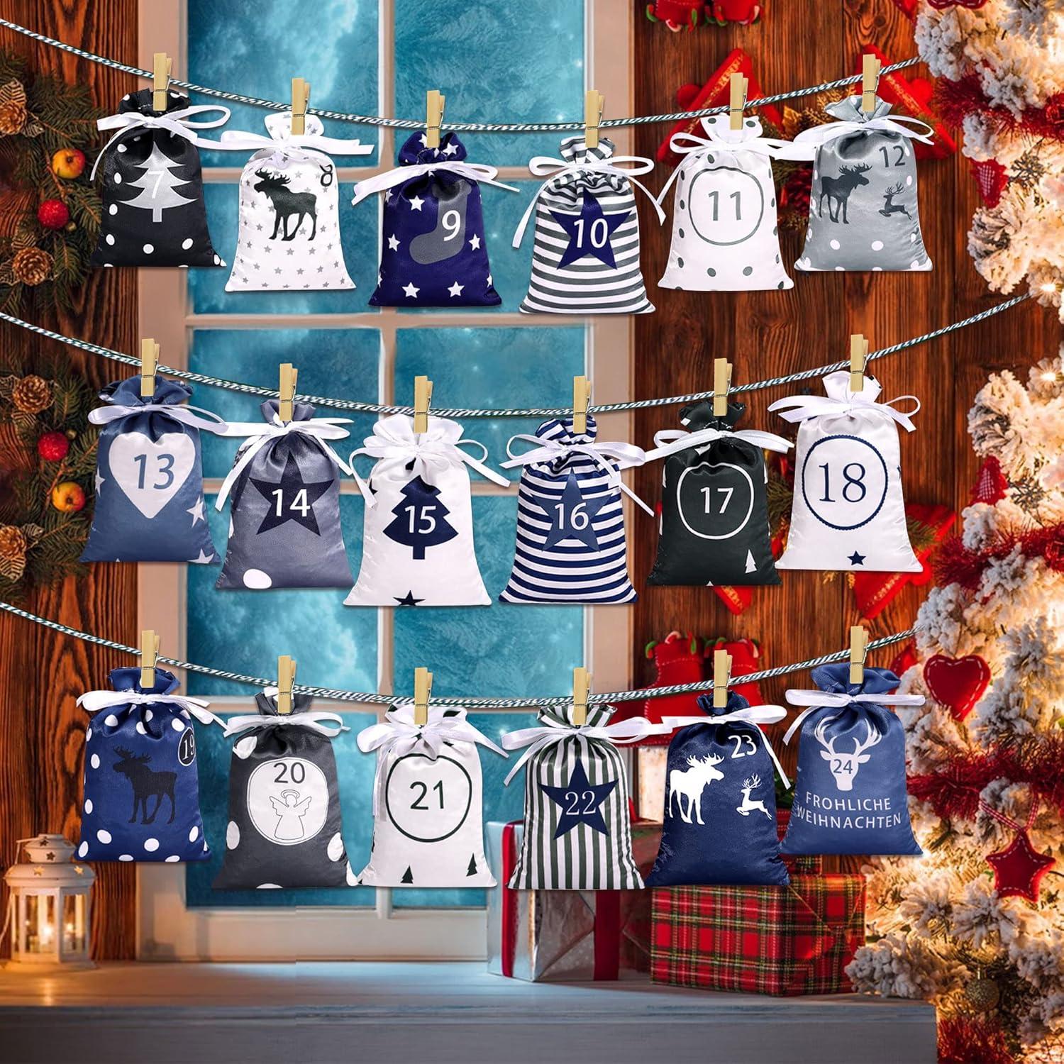 Adventskalender zum Befüllen 24 Stoffbeutel Blau Grau
