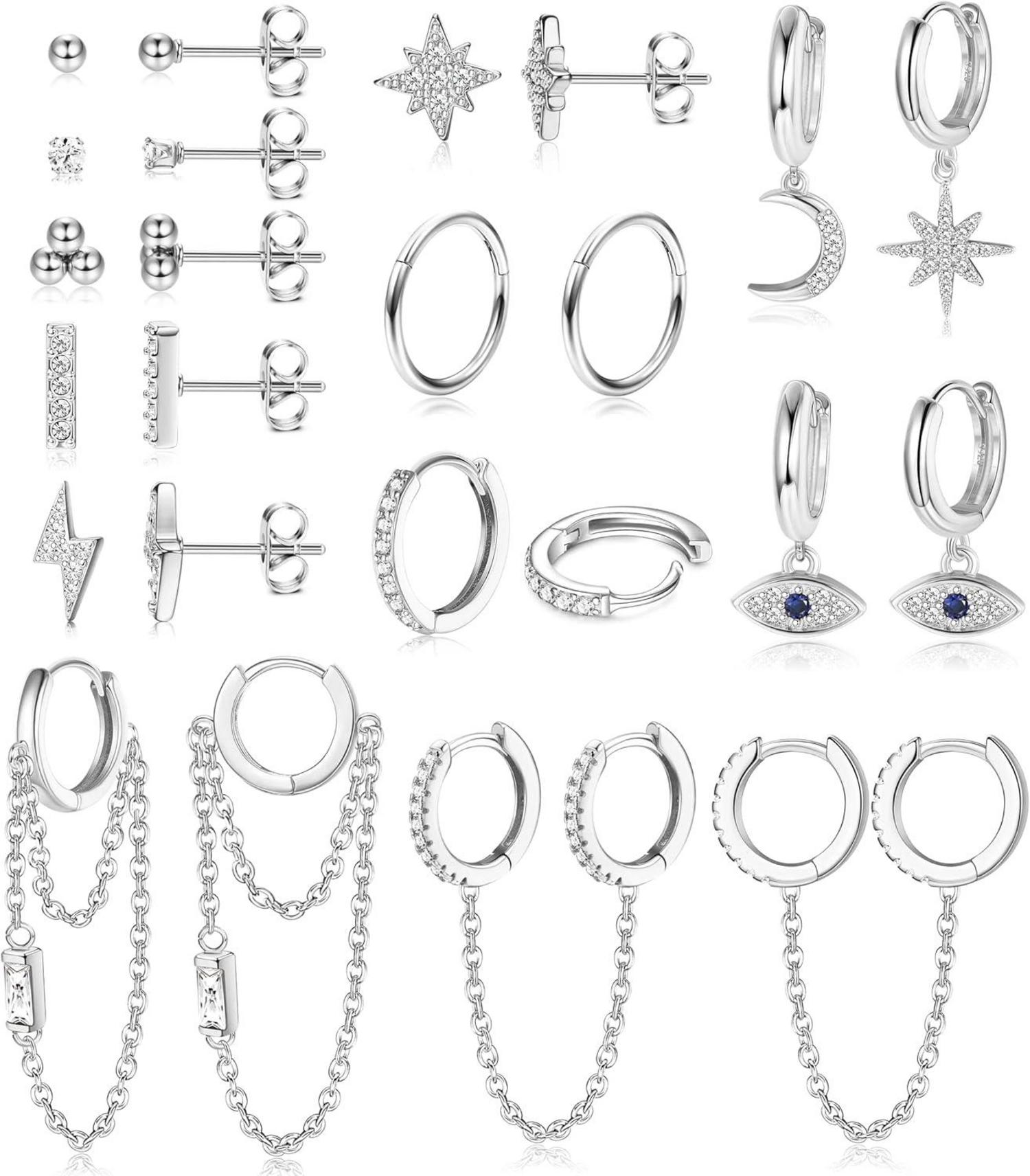 12er Set Damen Edelstahl Ohrstecker Mini Creolen mit Zirkon Anhängern