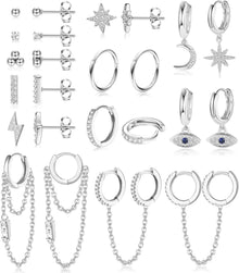 12er Set Damen Edelstahl Ohrstecker Mini Creolen mit Zirkon Anhängern