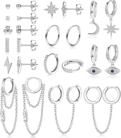 12er Set Damen Edelstahl Ohrstecker Mini Creolen mit Zirkon Anhängern