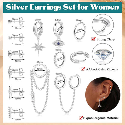 12er Set Damen Edelstahl Ohrstecker Mini Creolen mit Zirkon Anhängern
