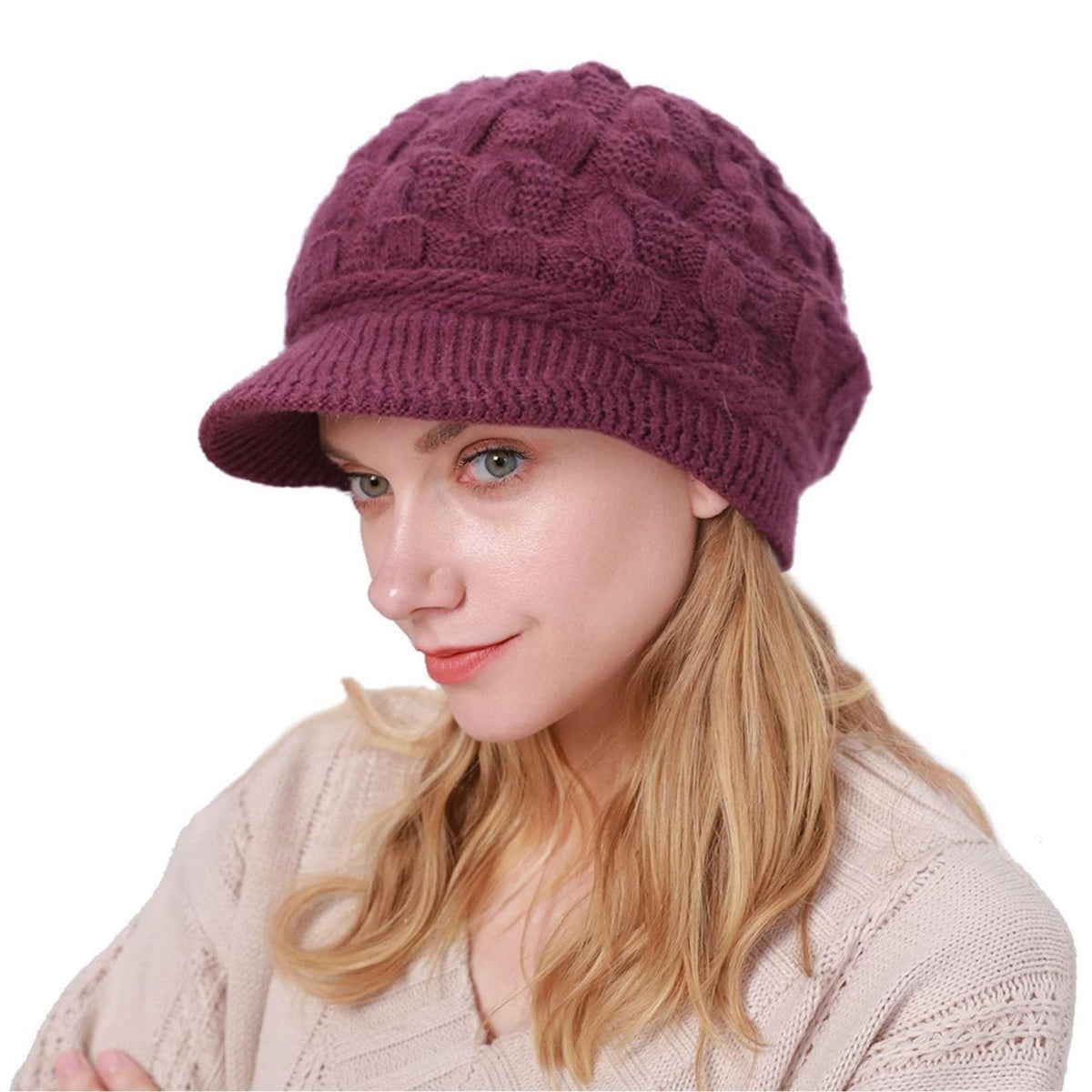 Damen Wollmütze mit Schirm, warme Strickmütze mit Fleece-Futter, violett