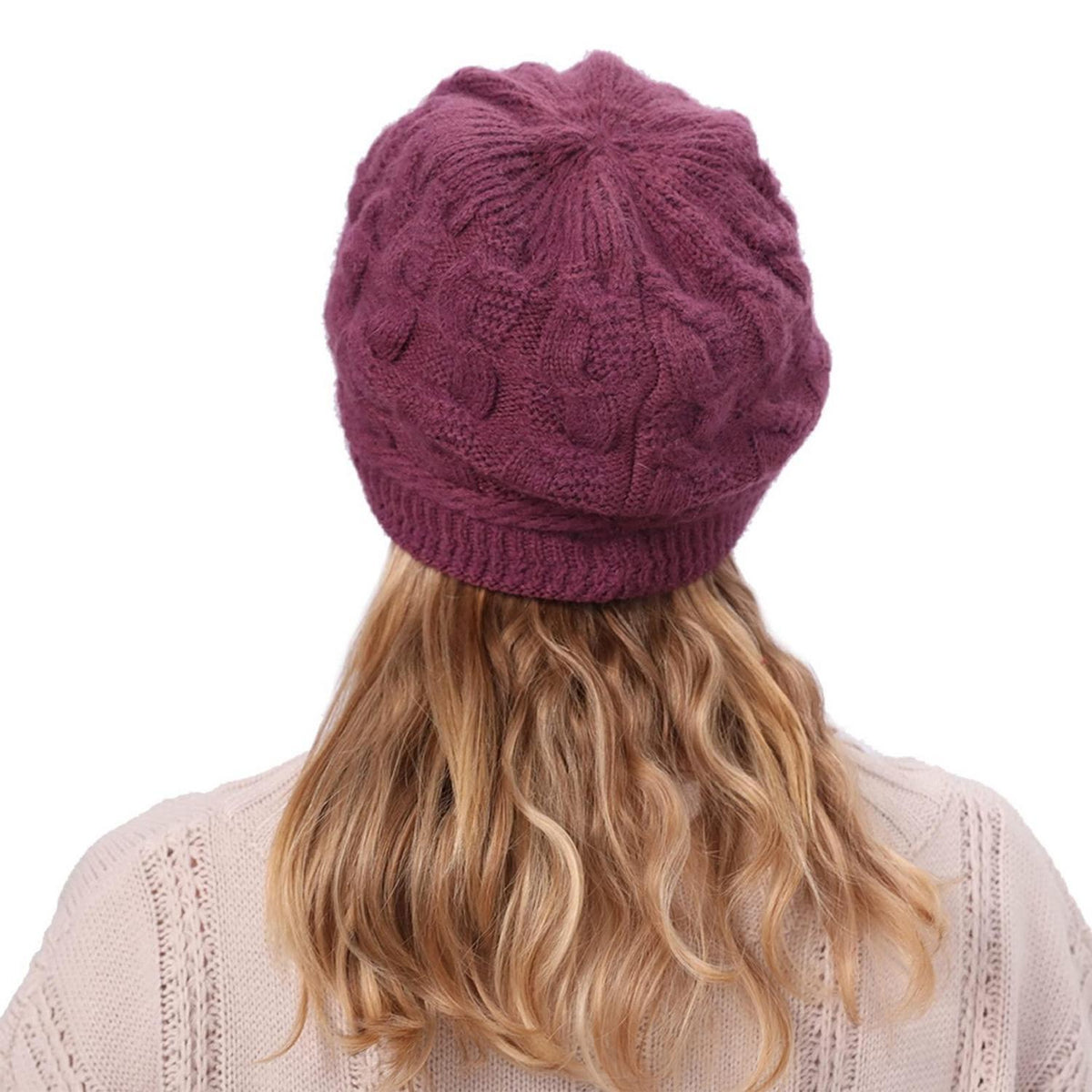 Damen Wollmütze mit Schirm, warme Strickmütze mit Fleece-Futter, violett