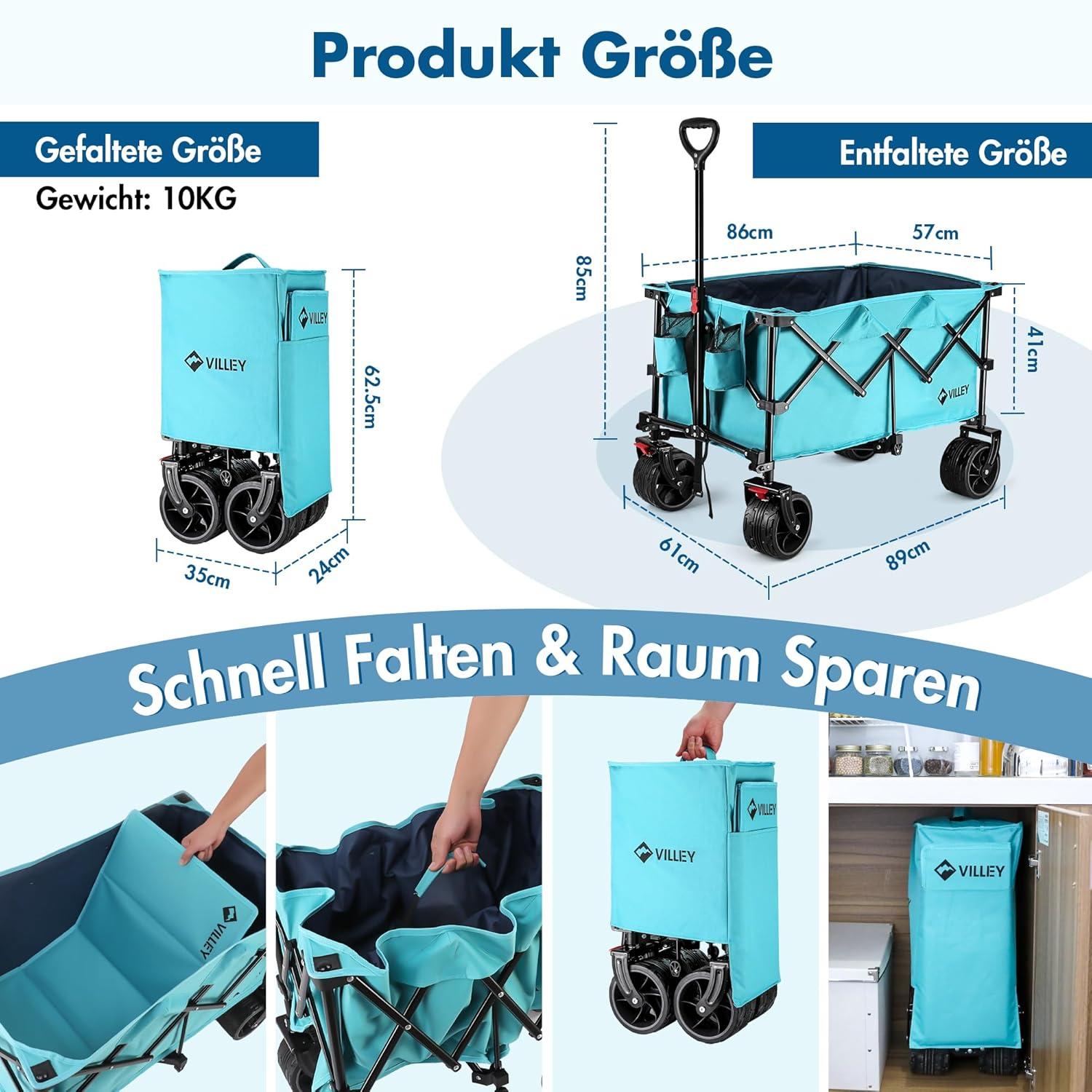 VILLEY Bollerwagen mit großen Rädern, 102 kg Tragkraft, Strandwagen, robuster Faltbarer Wagenwagen, blau