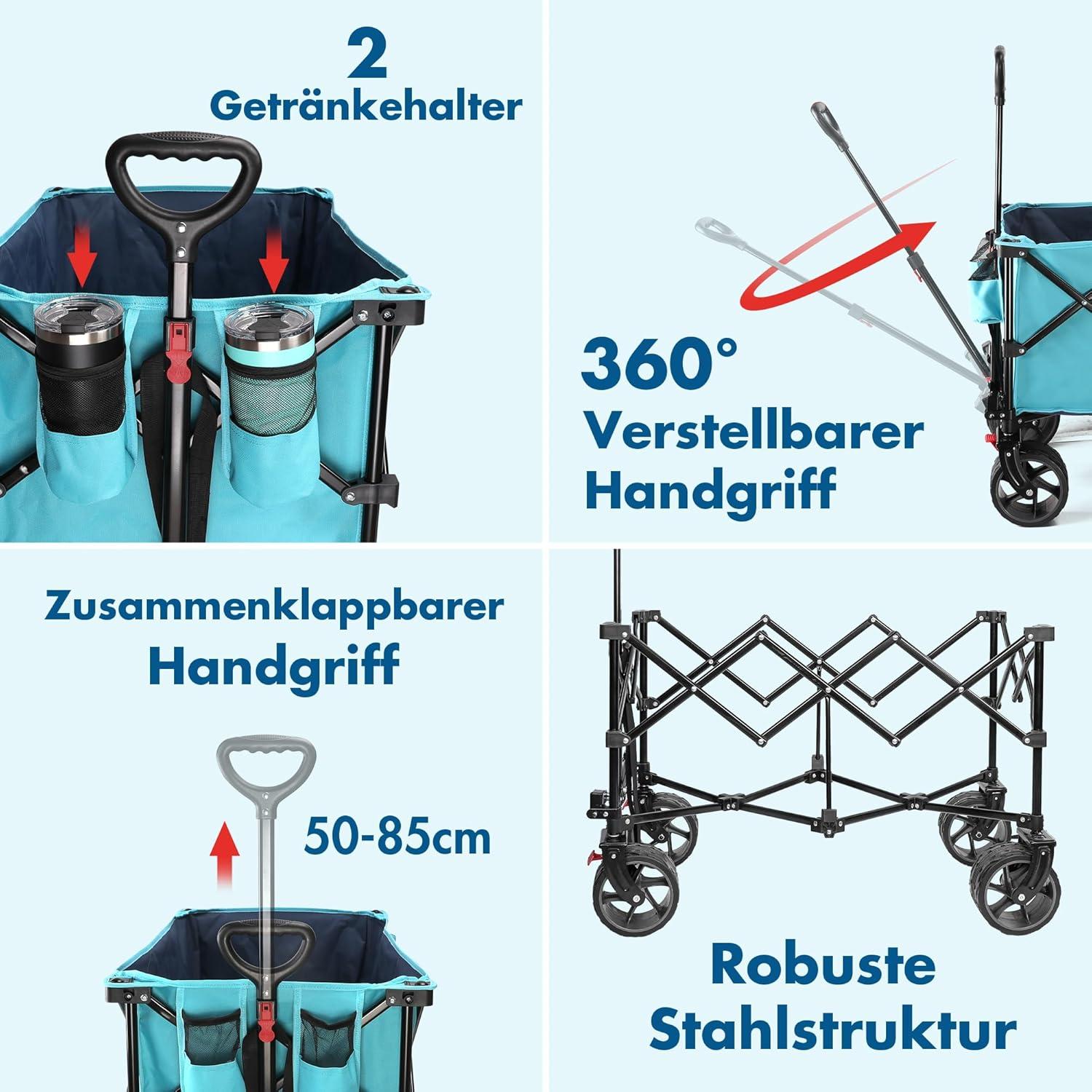Bollerwagen Strandwagen 102kg Tragkraft Faltbar 2 Getränkehalter Blu