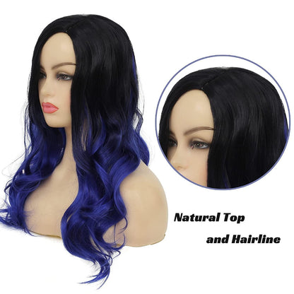 Ombré Blaue Lange Gewellte Synthetik-Perücke für Damen