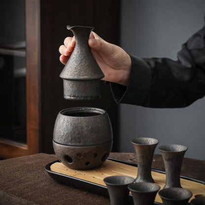 TEANAGOO Sake Karaffe und Becher Set, 10-teilig, Bambus Tablett, Geschenkset