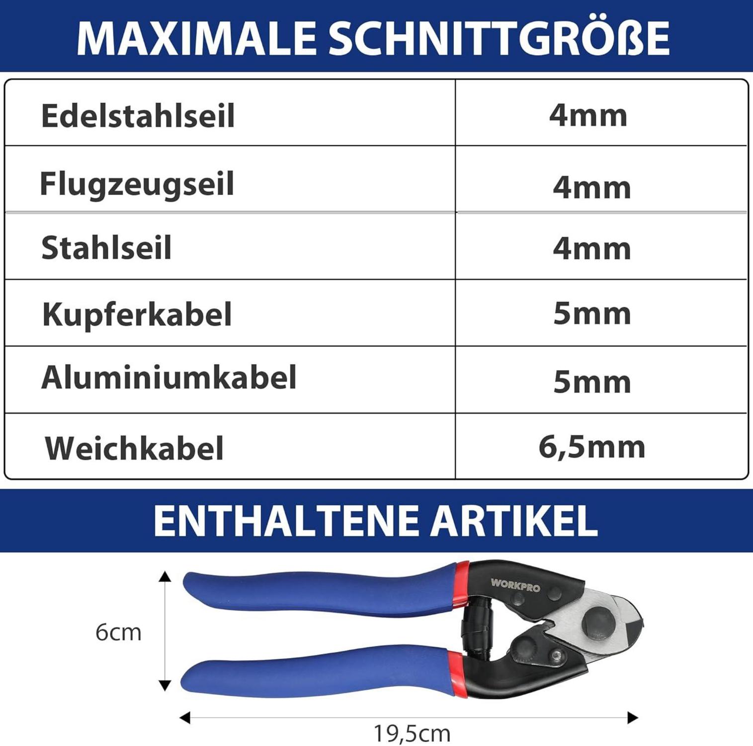 WORKPRO Drahtseilschneider 190mm Chrom-Vanadium-Stahl