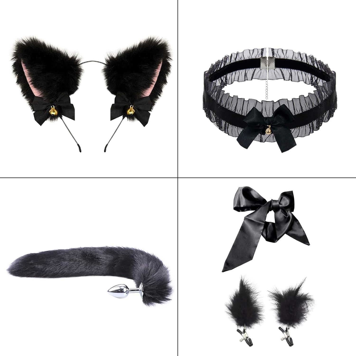 Analplug Fuchsschwanz Set, Buttplug 5 Stück Nippelklemmen Augenmaske SM Sexspielzeug