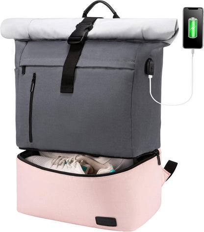 Rolltop Rucksack Damen 17 Zoll Schuhfach Wasserdicht USB-Ladeanschluss
