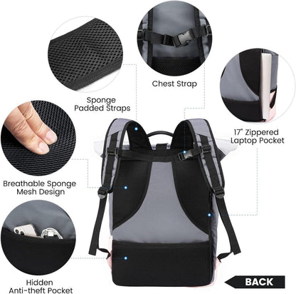 Rolltop Rucksack Damen Wasserdicht Laptop 17 Zoll Schuhfach Grau-rosa