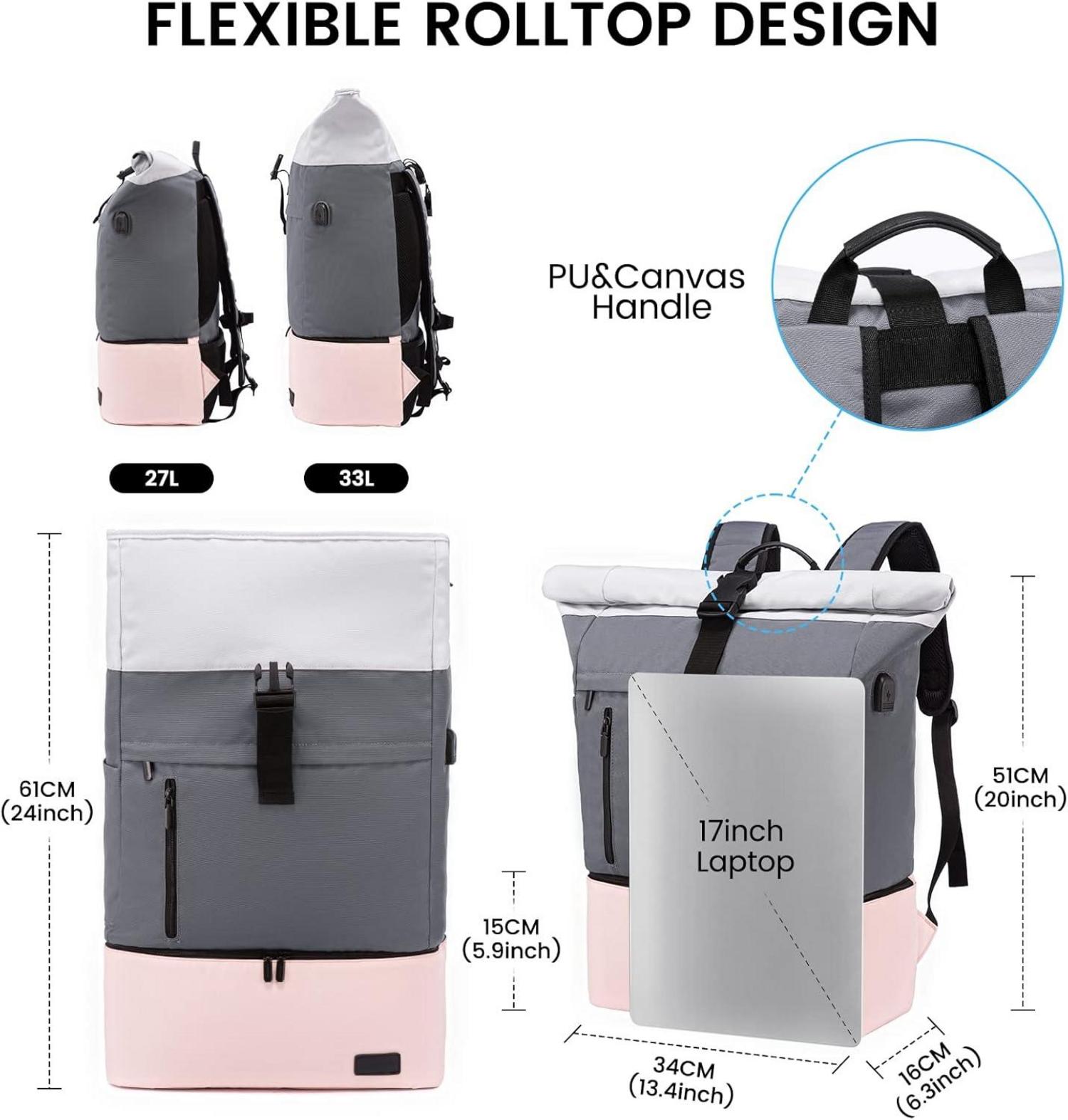 Rolltop Rucksack Damen 17 Zoll Laptop Schuhfach USB Grau-rosa