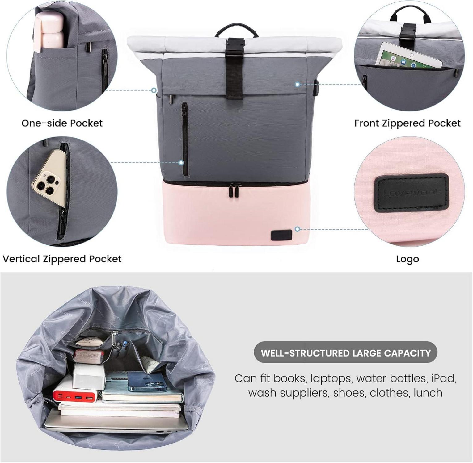 Rolltop Rucksack Damen mit Schuhfach Wasserdicht Laptop 17 Zoll