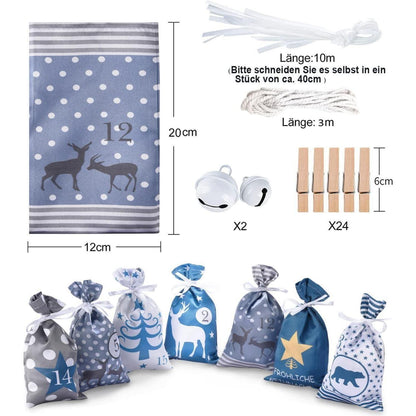 Adventskalender zum Befüllen Blau Grau Stoff 24