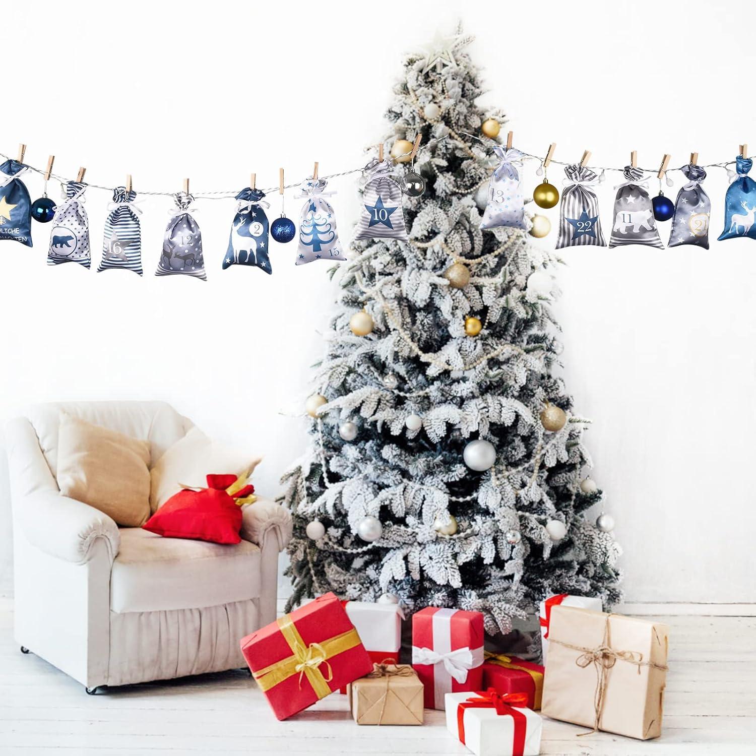 DIY Adventskalender zum Befüllen Blau Grau Stoff 24 Große Säckchen